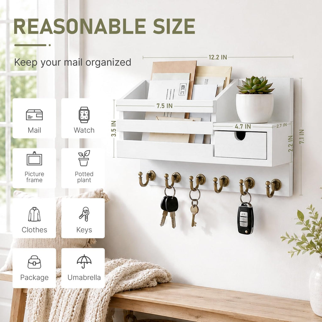 Key Holder Wall Mount: Key and Mail Holder for Wall with 6 Hooks and Storage Drawer, Easy Installation Key Rack for Entryway Home Decor (A-White)