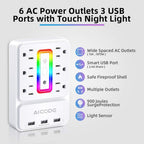 Multi Plug Outlet Extender, 6 Outlet Surge Outlet Protector with 3 USB Charger(3.2A Total),Wall Outlet Plug Electrical Outlet with 6 Ambient RGB Light , Plug Extender for Home,Office,Dorm,Hotel