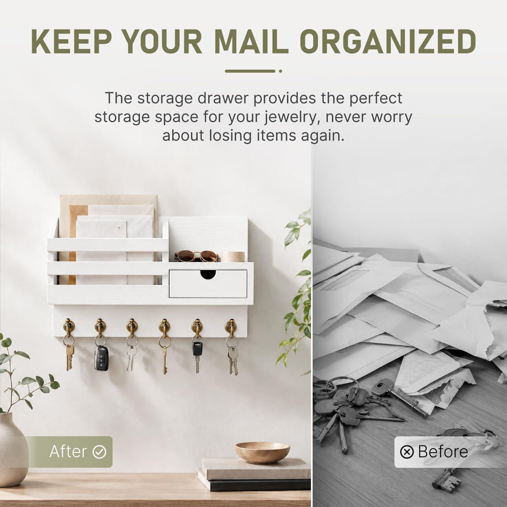 Key Holder Wall Mount: Key and Mail Holder for Wall with 6 Hooks and Storage Drawer, Easy Installation Key Rack for Entryway Home Decor (A-White)