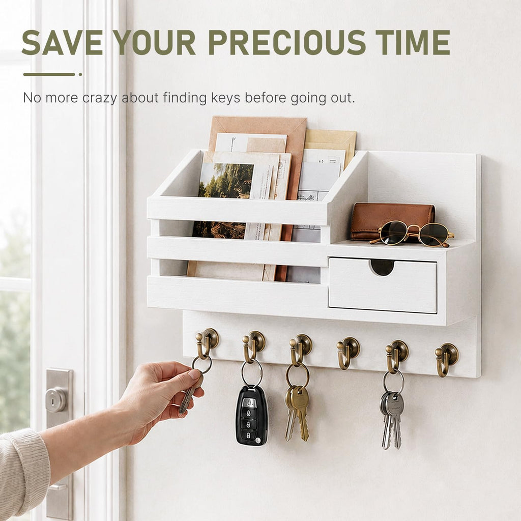 Key Holder Wall Mount: Key and Mail Holder for Wall with 6 Hooks and Storage Drawer, Easy Installation Key Rack for Entryway Home Decor (A-White)