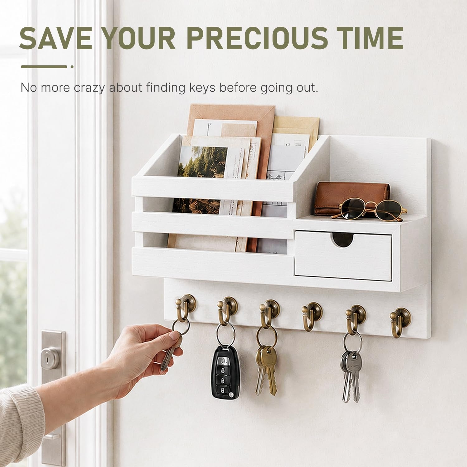 Key Holder Wall Mount: Key and Mail Holder for Wall with 6 Hooks and Storage Drawer, Easy Installation Key Rack for Entryway Home Decor (A-White)