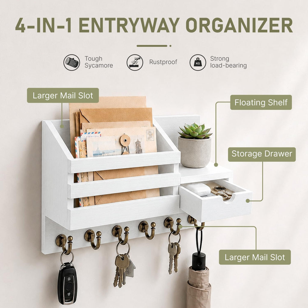 Key Holder Wall Mount: Key and Mail Holder for Wall with 6 Hooks and Storage Drawer, Easy Installation Key Rack for Entryway Home Decor (A-White)