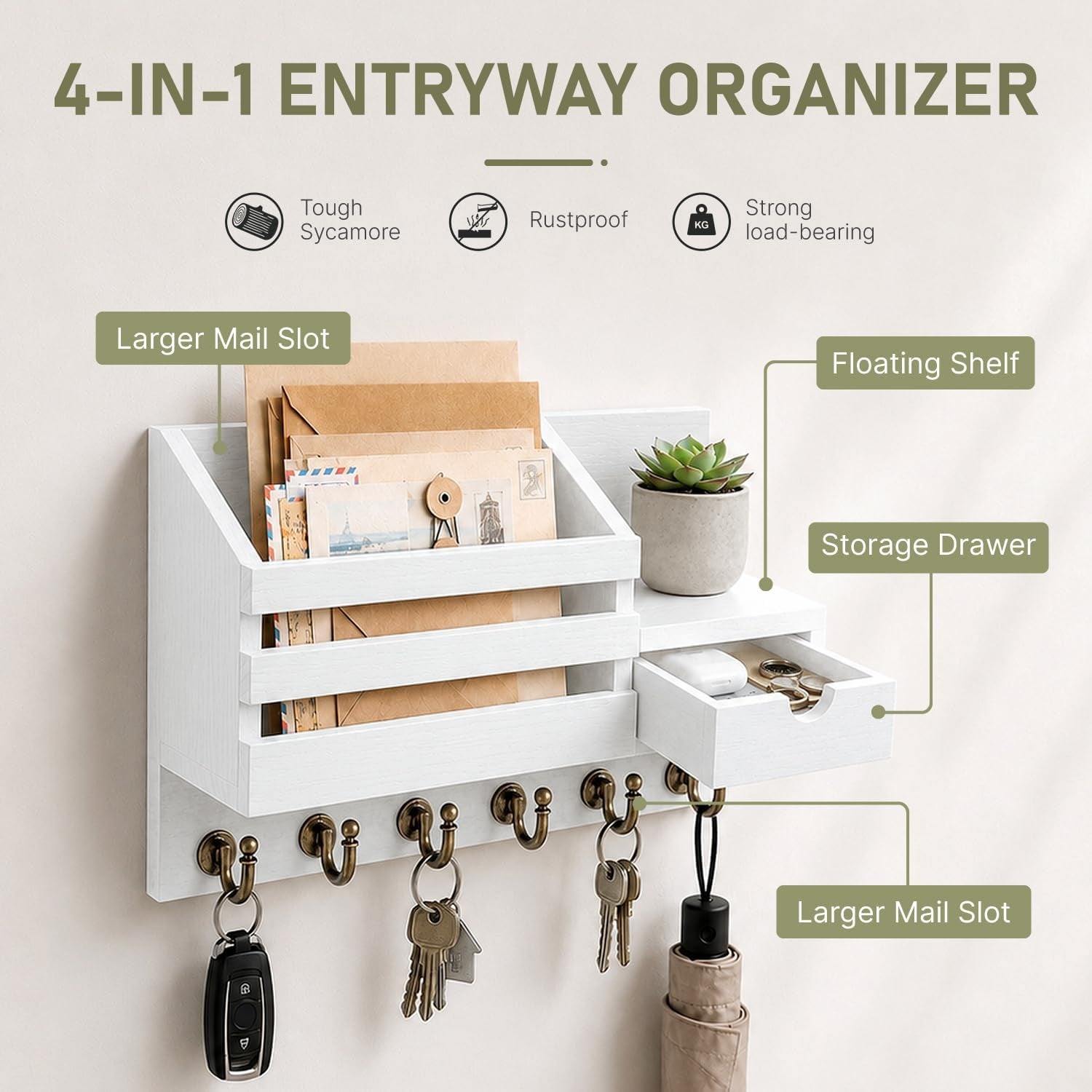 Key Holder Wall Mount: Key and Mail Holder for Wall with 6 Hooks and Storage Drawer, Easy Installation Key Rack for Entryway Home Decor (A-White)