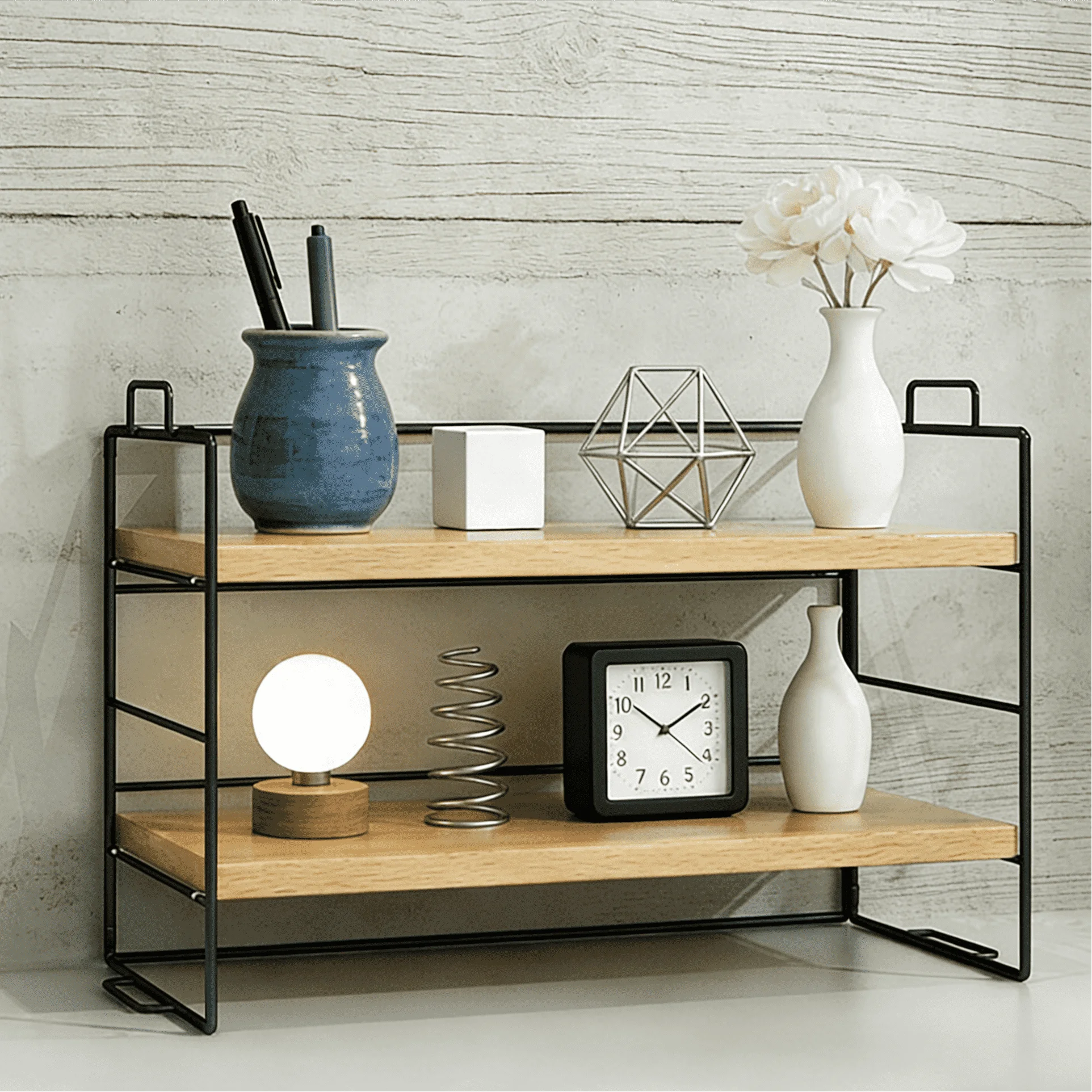 2-Tier Iron Art Desktop Shelf (Black Frame + Wood Grain Surface) - Multifunctional Desk Organizer Rack,Room Deocr,Desk Organzier