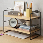 2-Tier Iron Art Desktop Shelf (Black Frame + Wood Grain Surface) - Multifunctional Desk Organizer Rack,Room Deocr,Desk Organzier