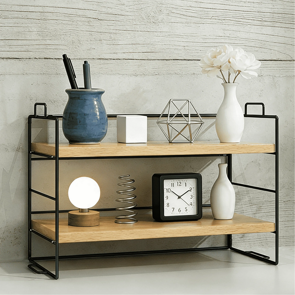 2-Tier Iron Art Desktop Shelf (Black Frame + Wood Grain Surface) - Multifunctional Desk Organizer Rack,Room Deocr,Desk Organzier