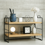 2-Tier Iron Art Desktop Shelf (Black Frame + Wood Grain Surface) - Multifunctional Desk Organizer Rack,Room Deocr,Desk Organzier