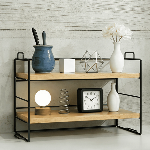 2-Tier Iron Art Desktop Shelf (Black Frame + Wood Grain Surface) - Multifunctional Desk Organizer Rack,Room Deocr,Desk Organzier