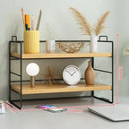 2-Tier Iron Art Desktop Shelf (Black Frame + Wood Grain Surface) - Multifunctional Desk Organizer Rack,Room Deocr,Desk Organzier