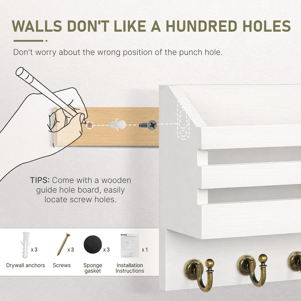 Key Holder Wall Mount: Key and Mail Holder for Wall with 6 Hooks and Storage Drawer, Easy Installation Key Rack for Entryway Home Decor (A-White)