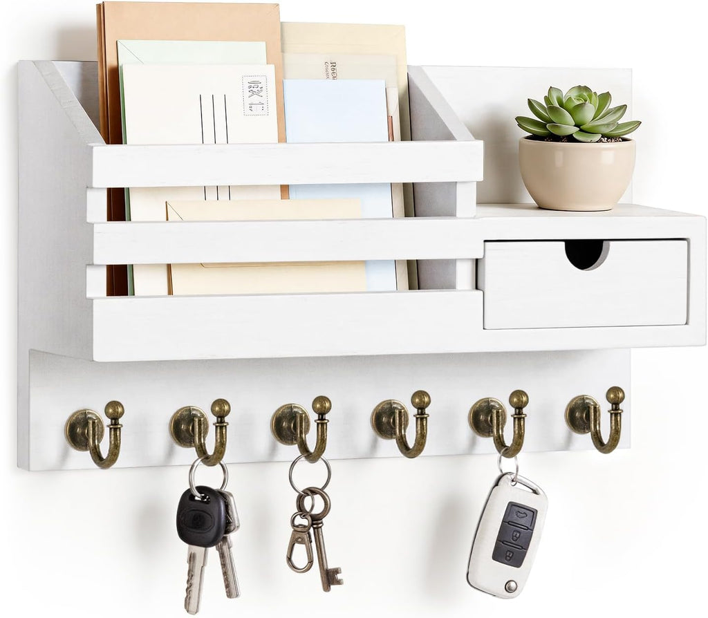 Key Holder Wall Mount: Key and Mail Holder for Wall with 6 Hooks and Storage Drawer, Easy Installation Key Rack for Entryway Home Decor (A-White)