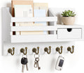 Key Holder Wall Mount: Key and Mail Holder for Wall with 6 Hooks and Storage Drawer, Easy Installation Key Rack for Entryway Home Decor (A-White)
